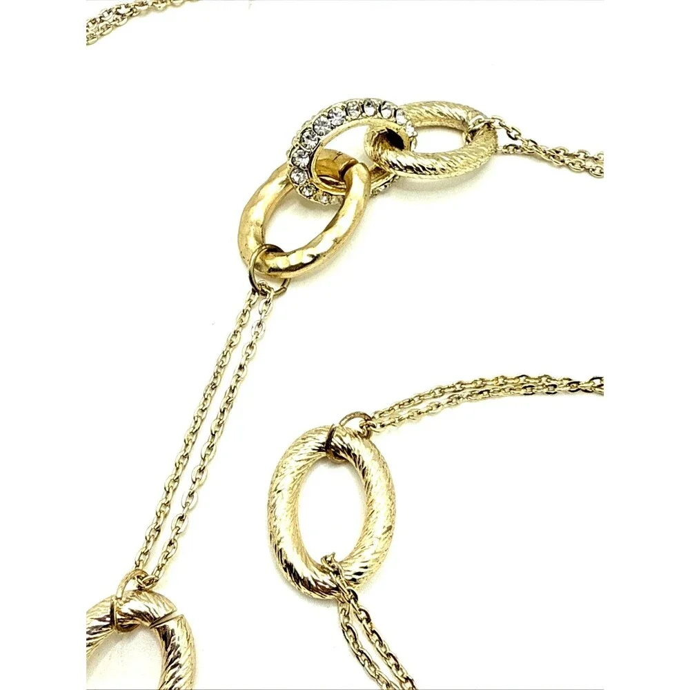 New Alfani Rhinestone Gold Tone Station Necklace Oval Textured Links 42” NWT